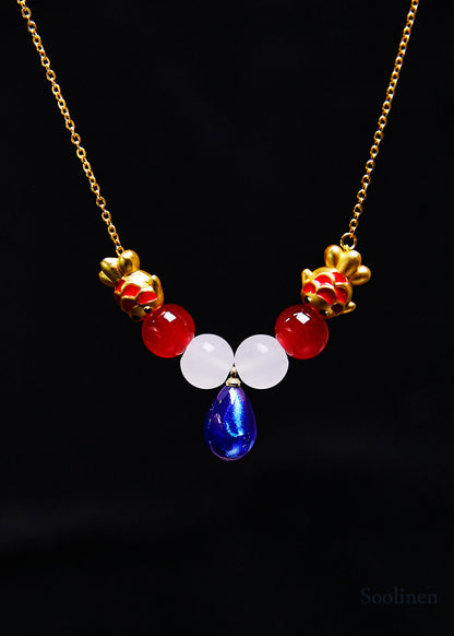 Fine Blue Water Droplet Gem Stone Goldfish Pendant Necklace