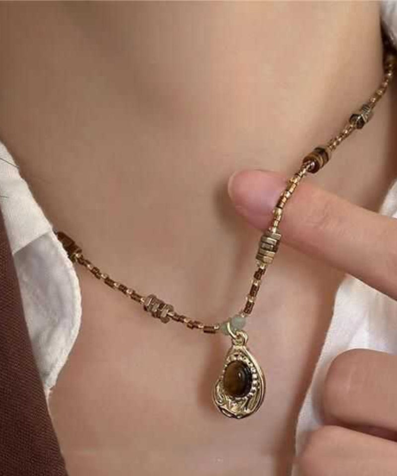 Fine Coffee Copper Crystal Tiger Eye Stone Pendant Necklace Two Piece Set Qz010