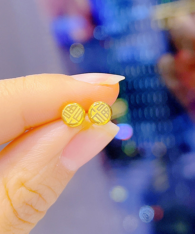 Fine Gold Stainless Steel Fu Character Stud Earrings Gh1051