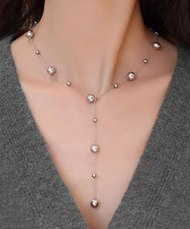 Fine Grey Stainless Steel Pearl Tasse Lariat Necklace Qu019