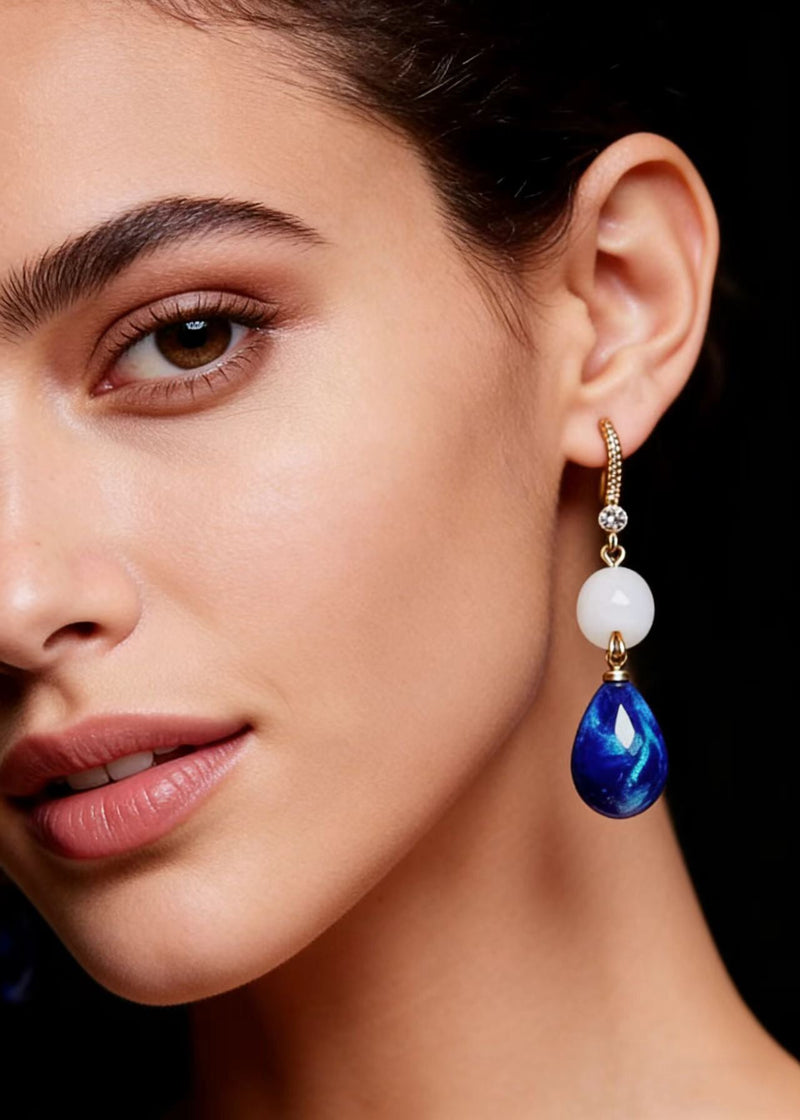 Fine Peacock Blue Water Droplet Gem Stone Style Drop Earrings