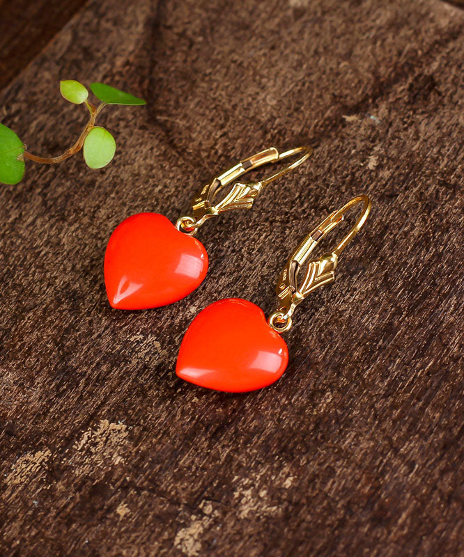 Fine Red 14k Gold Love Cinnabar Drop Earrings