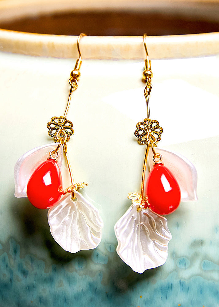 Fine Red Droplet Shape Coral and Shell Drop Earrings