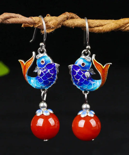 Sterling Silver Agate Cloisonne Goldfish Drop Earrings