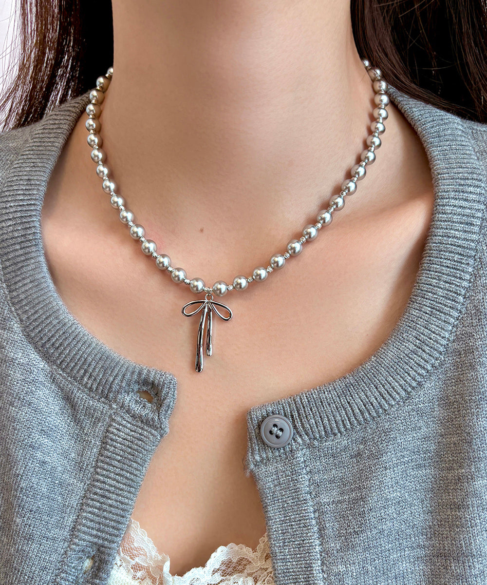 Fine Silk Stainless Steel Pearl Bow Pendant Necklace Wq029
