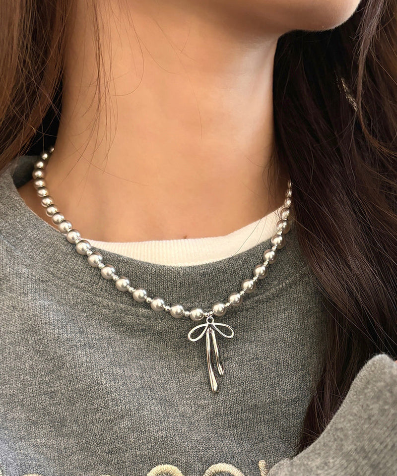 Fine Silk Stainless Steel Pearl Bow Pendant Necklace Wq029