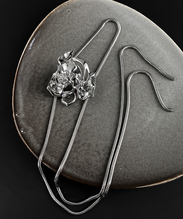Fine Silk Sterling Silver Alloy Can Be Pulled Rose Pendant Necklace