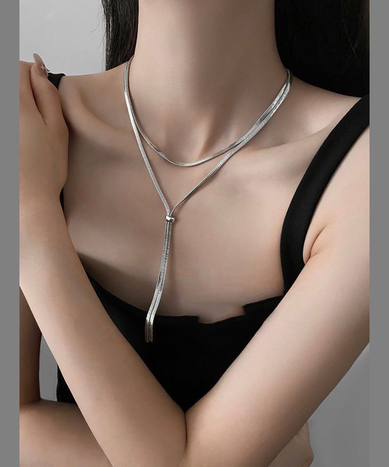 Fine Silk Sterling Silver Pullable Long Necklace Qq073