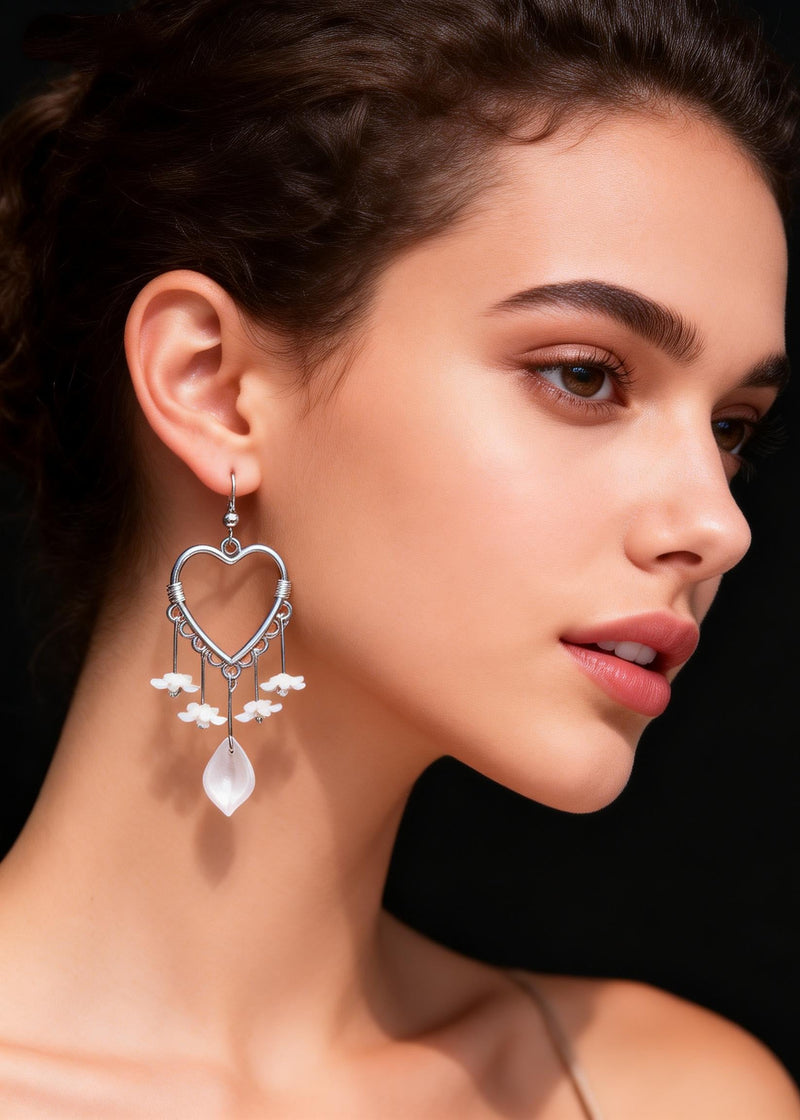 Fine White Flower Acrylic Heart-shaped Long Drop Earrings