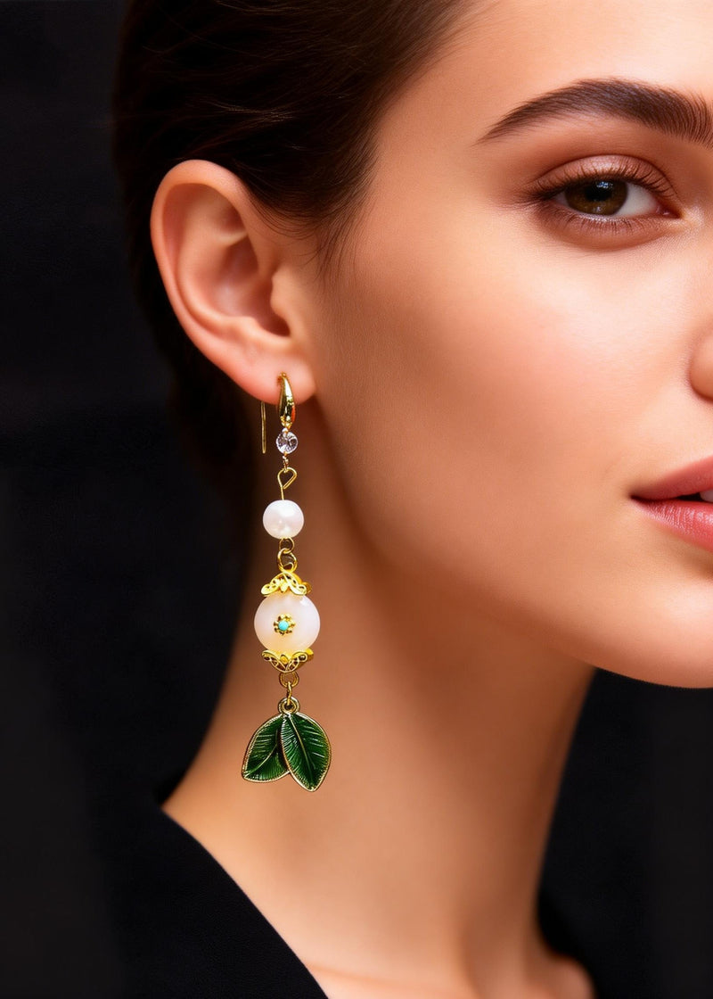 Fine White Jade Green Leaf Metal Drop Earrings