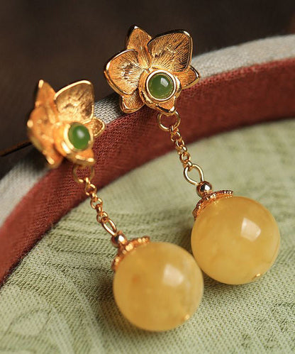 Fine Yellow Sterling Silver Overgild Beeswax Amber Crystal Drop Earrings Gh1025