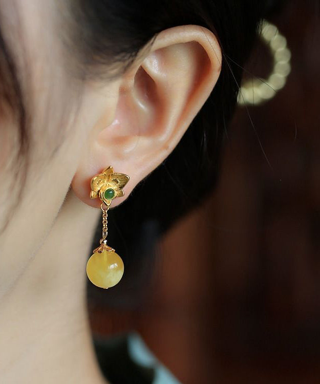 Fine Yellow Sterling Silver Overgild Beeswax Amber Crystal Drop Earrings Gh1025
