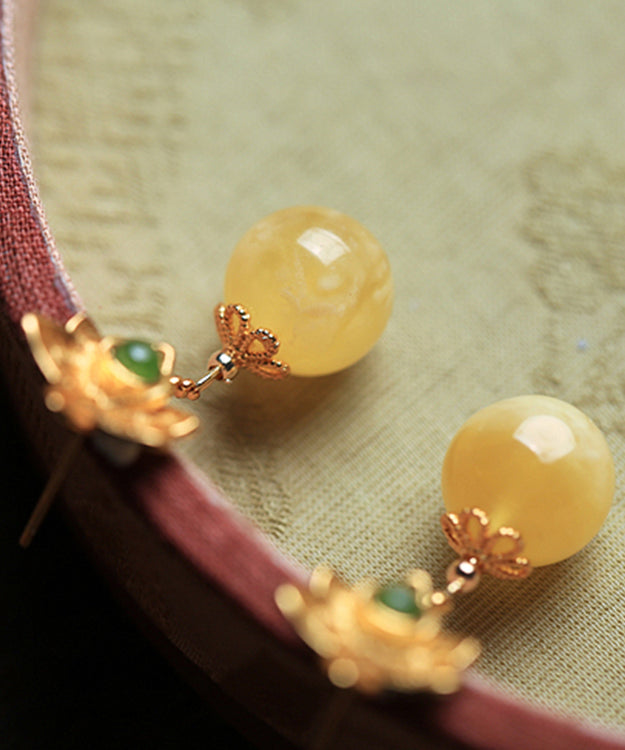 Fine Yellow Sterling Silver Overgild Beeswax Amber Crystal Drop Earrings