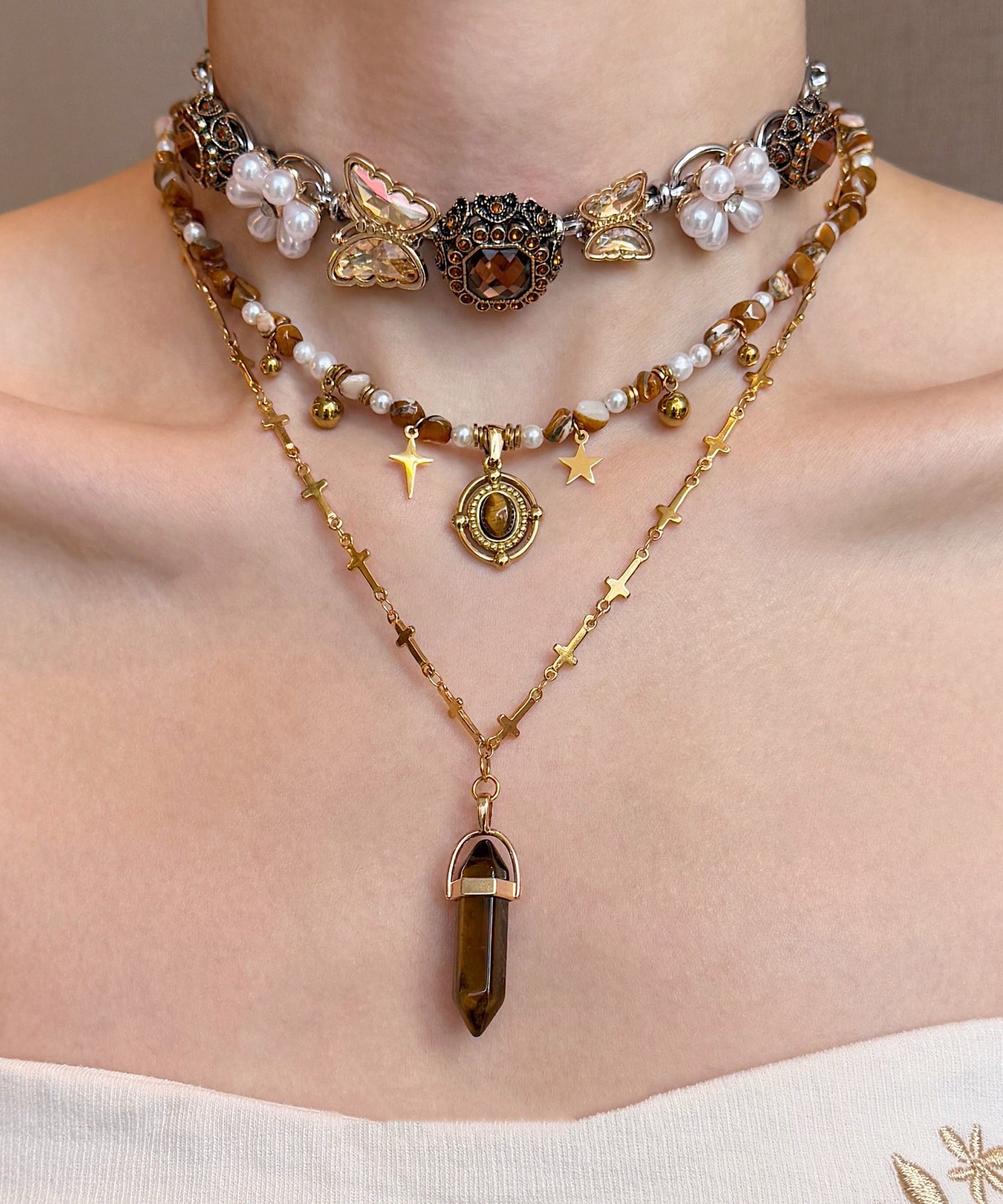 Brown Tiger's Eye Pearl Butterfly Titanium Steel Three Piece Set Pendant Necklace