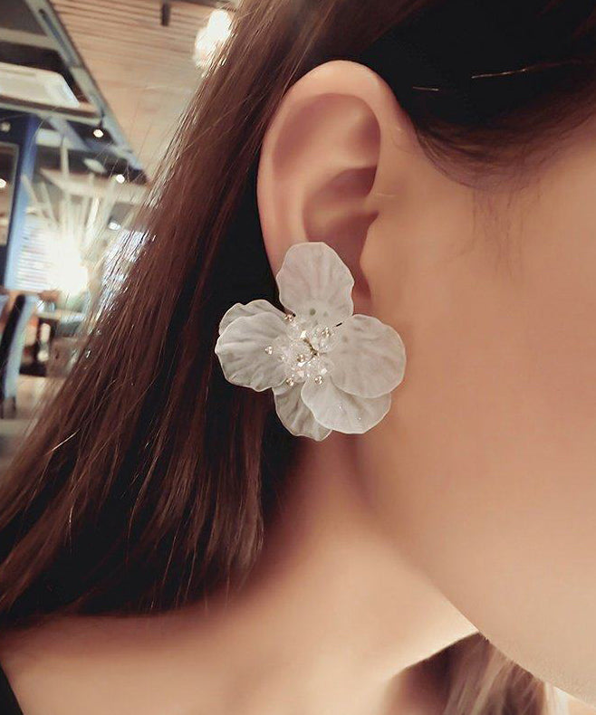 White Crystal Petal Exaggeration Alloy Stud Earrings