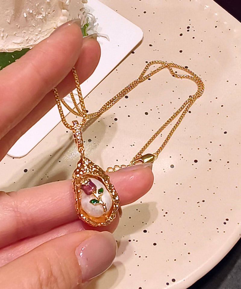 French Rose Gold Copper Overgild Rose Pearl Beading Pendant Necklace