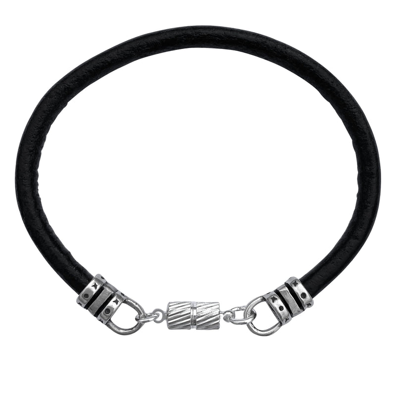 Extra Thick 4mm Wide Black Leather Bracelet With Silver Magnetic Clasp