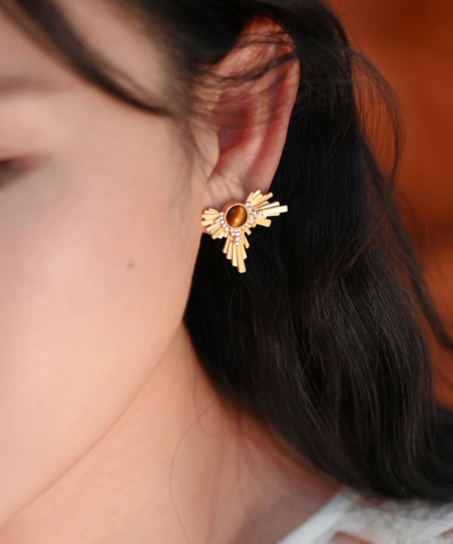 Gilded Amber Cat's Eye Original Design 14k Gold Stud Earrings