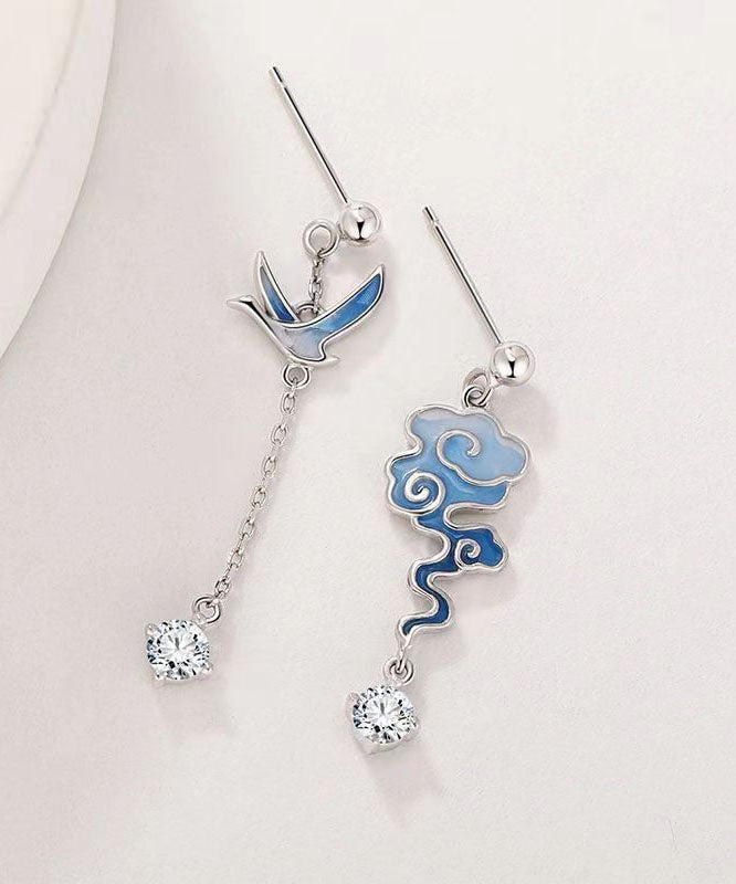 Gradient Color Blue Sterling Silver Asymmetricar Zircon Xiangyun Crane Tassel Drop Earrings Tw1010