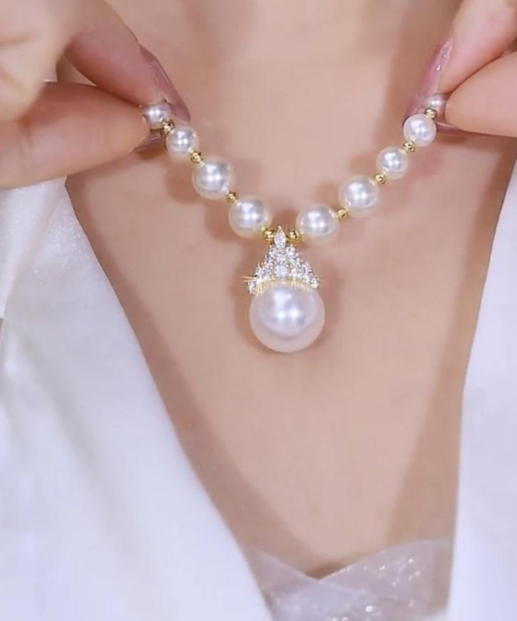Gradient Color White Copper Alloy Zircon Pearl Pendant Necklace Yi043