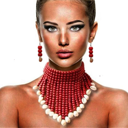 African Tribal Shell Choker Necklace & Earrings Set