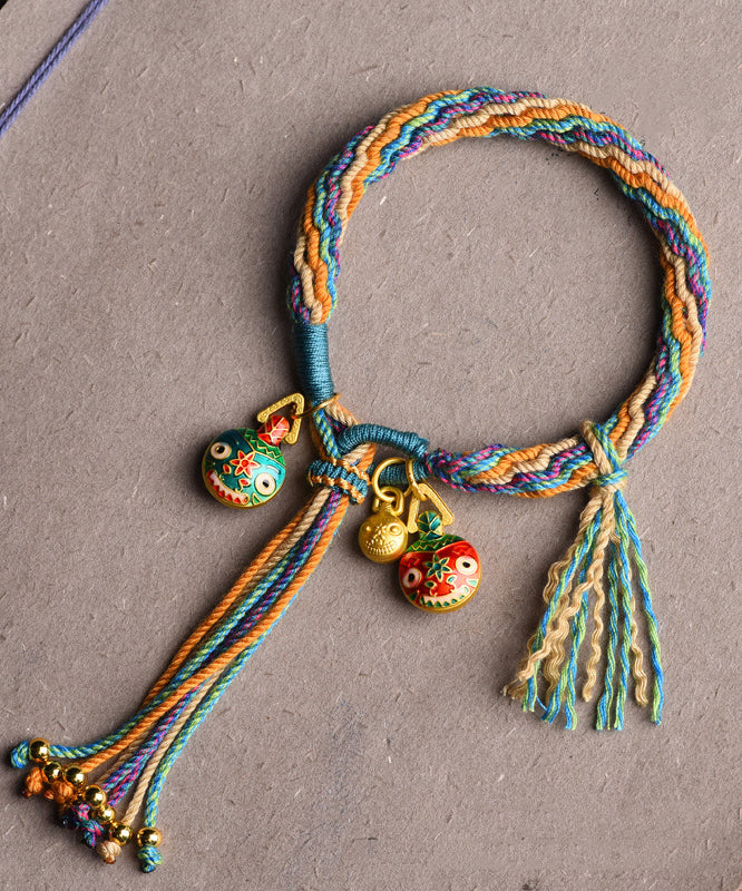 Handmade Blue Hand Woven Gold Swallowing Beast Tassel Charm Bracelet Gh1024