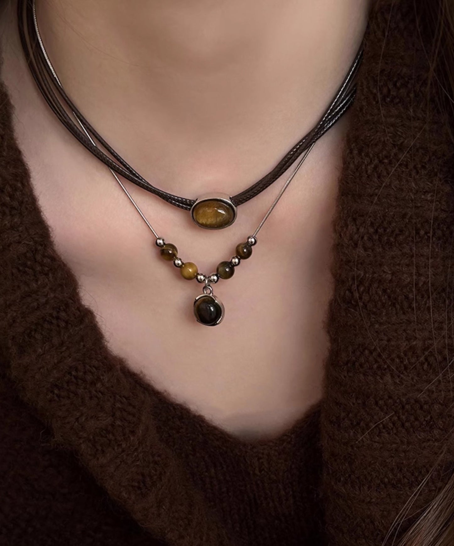 Handmade Brown Alloy Tiger Eye Stone Tassel Two Piece Set Pendant Necklace Wi005