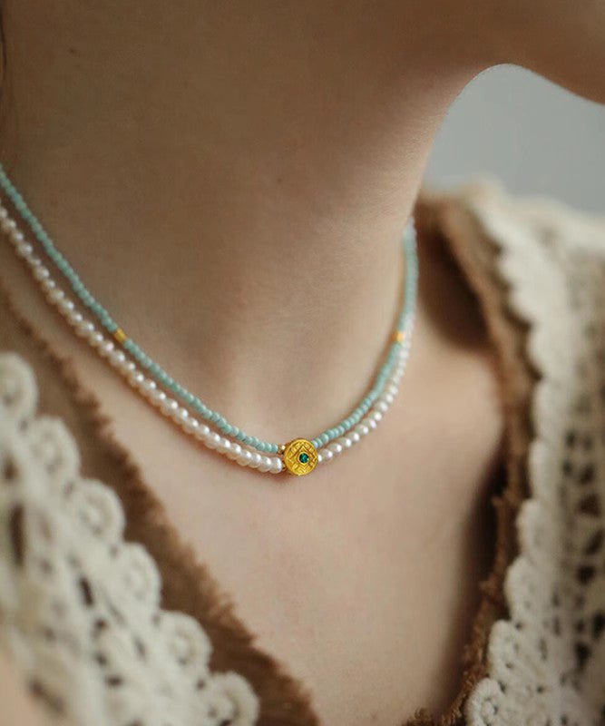 Handmade Colorblock Alloy Turquoise Double Layer Beading Gratuated Bead Necklace Ey015