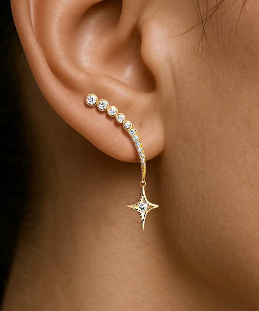 Handmade Golden Star Tasseled Zircon Drop Earrings