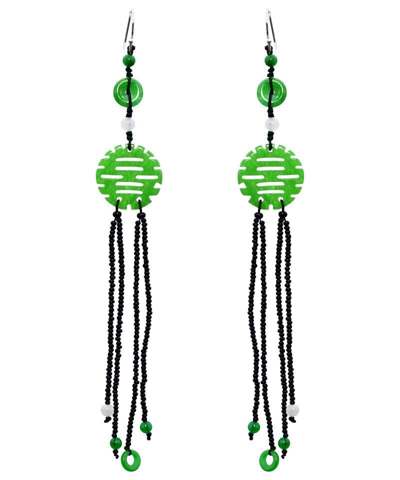 Handmade Green Sterling Silver Jade Tassel Glass Bea Drop Earrings