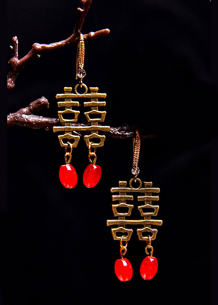 Handmade Xi Character Copper Wedding Drop Earrings
