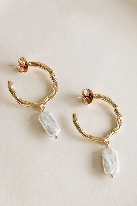 Beaten Metal Pearl Drop Hoops - Gold/cream