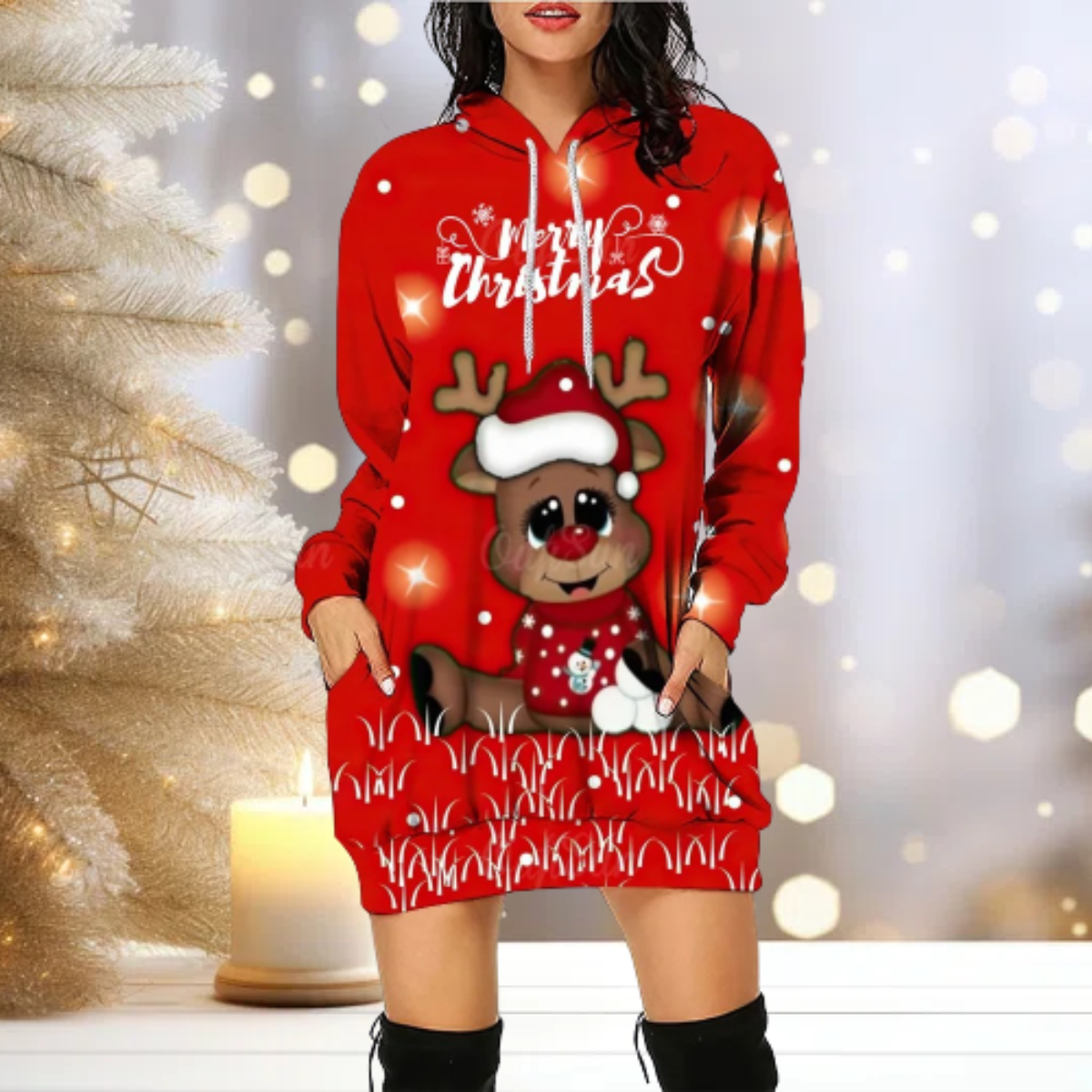 Hoodie Cozy Reindeer Hoodie Dress Women's Sweater