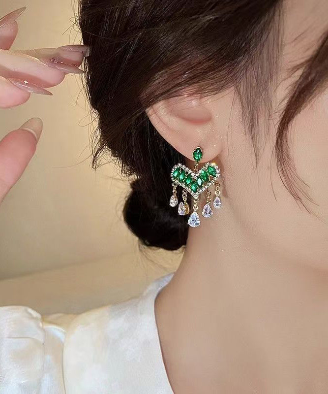 Light Green Zircon Heart-shaped Tassel Stud Earrings