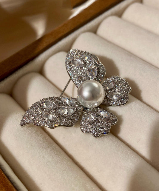Light Zircon Pearl Butterfly Brooches