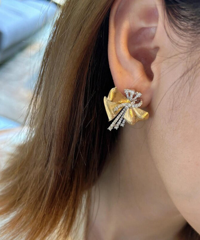 Loose Gold 14k Zircon Bow Stud Earrings