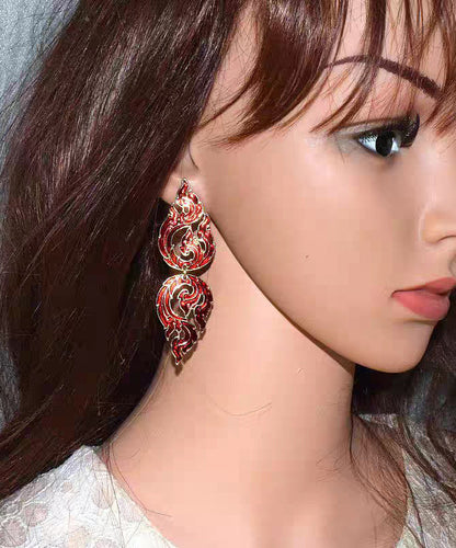 Loose Red Alloy Hollow Out Dripping Glaze Flame Drop Earrings