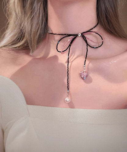 Modern Black Zircon Beading Bow Tie Lace Pearl Love Pendant Necklace Ya014