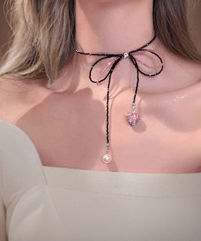 Modern Black Zircon Beading Bow Tie Lace Pearl Love Pendant Necklace Ya014