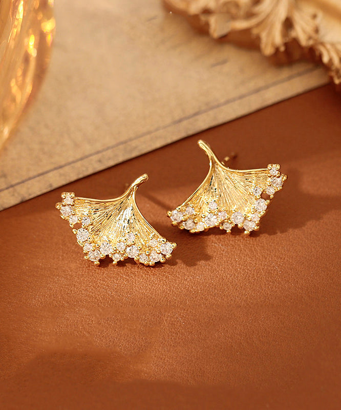 Modern Gold Copper Overgild Zircon Ginkgo Leaf Stud Earrings