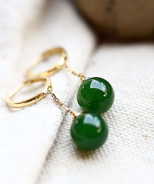 Modern Green Sterling Silver Overgild 18k Gold Jade Drop Earrings