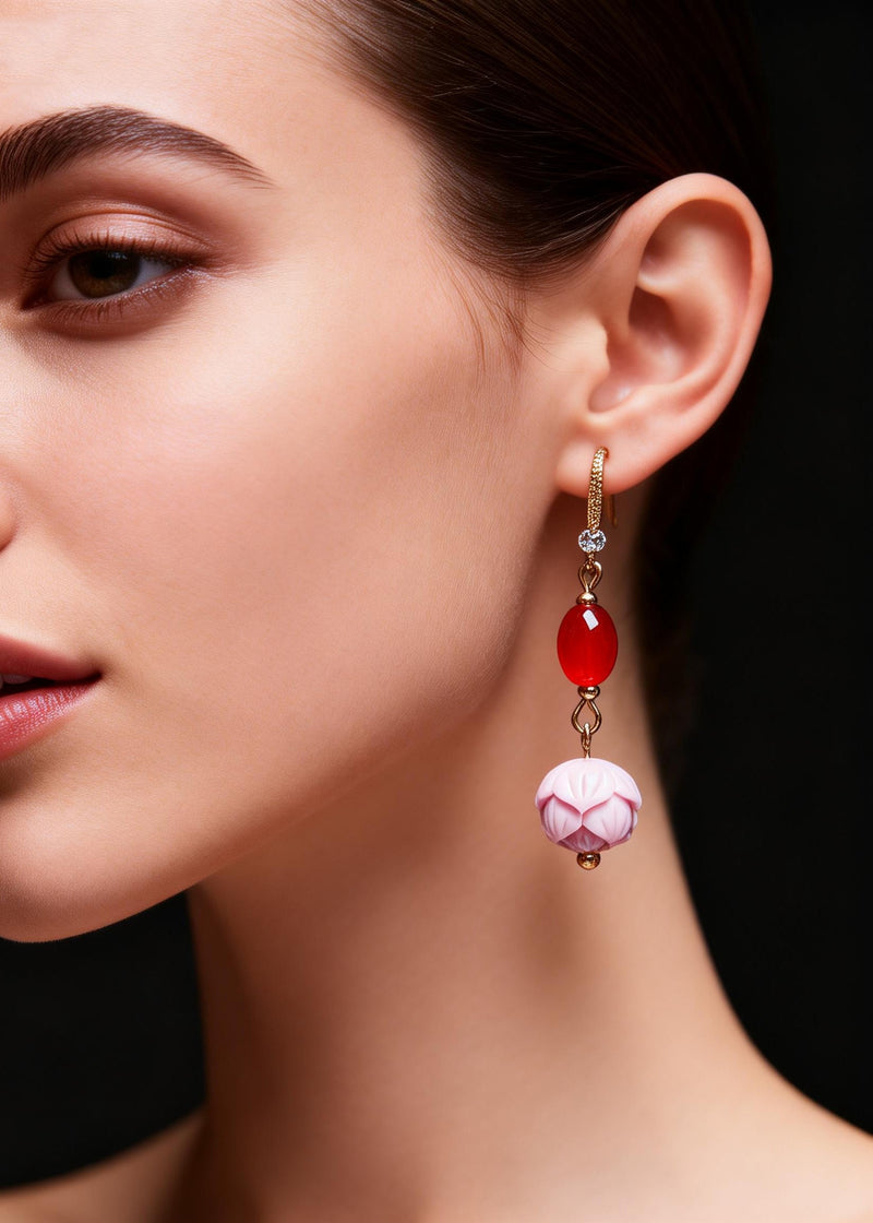 Modern Pink Lotus Flower Stone Drop Earrings