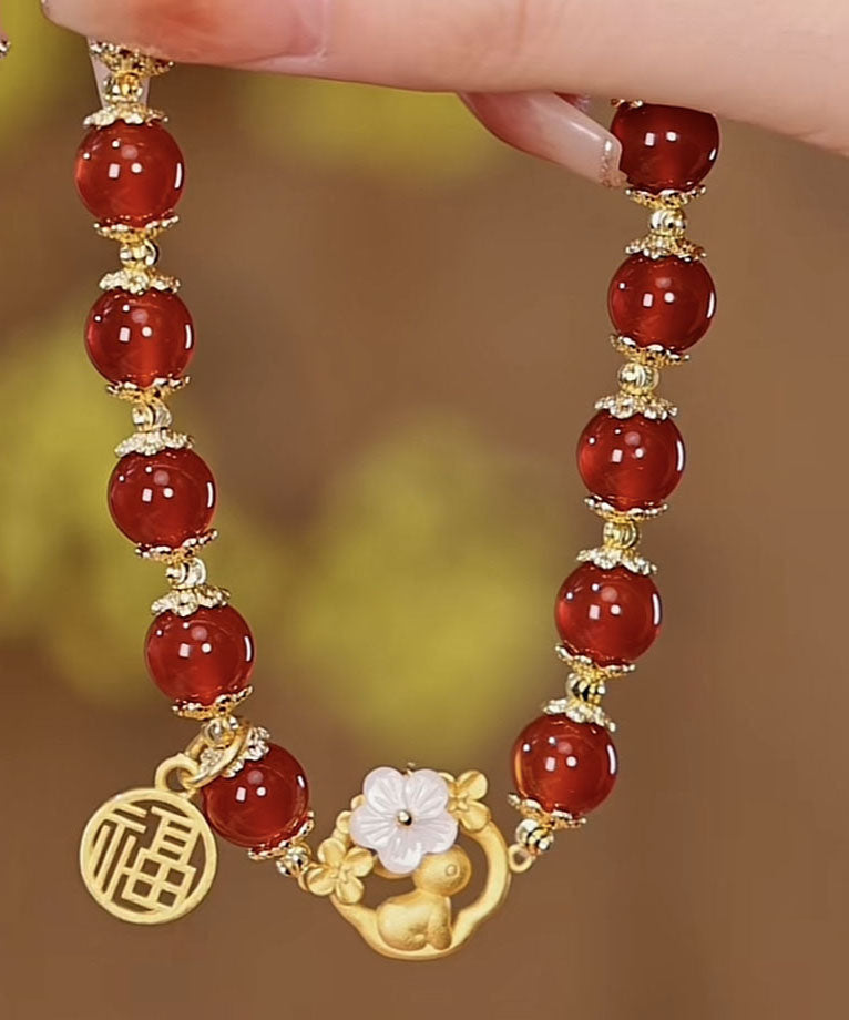 Modern Red Sterling Silver Inlaid Agate Jade Rabbit Chain Bracelet