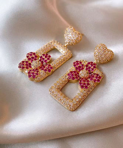 Modern Rose Sterling Silver Overgild Zircon Love Rectangular Shape Drop Earrings