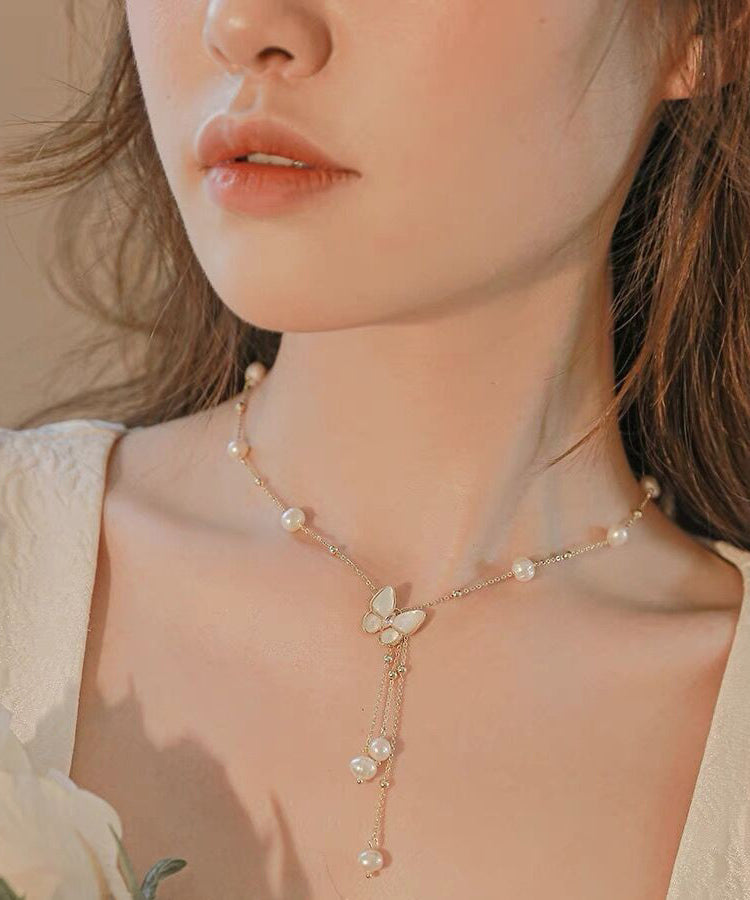 Modern White Sterling Silver Alloy Pearl Butterfly Tassel Pendant Necklace Wf026