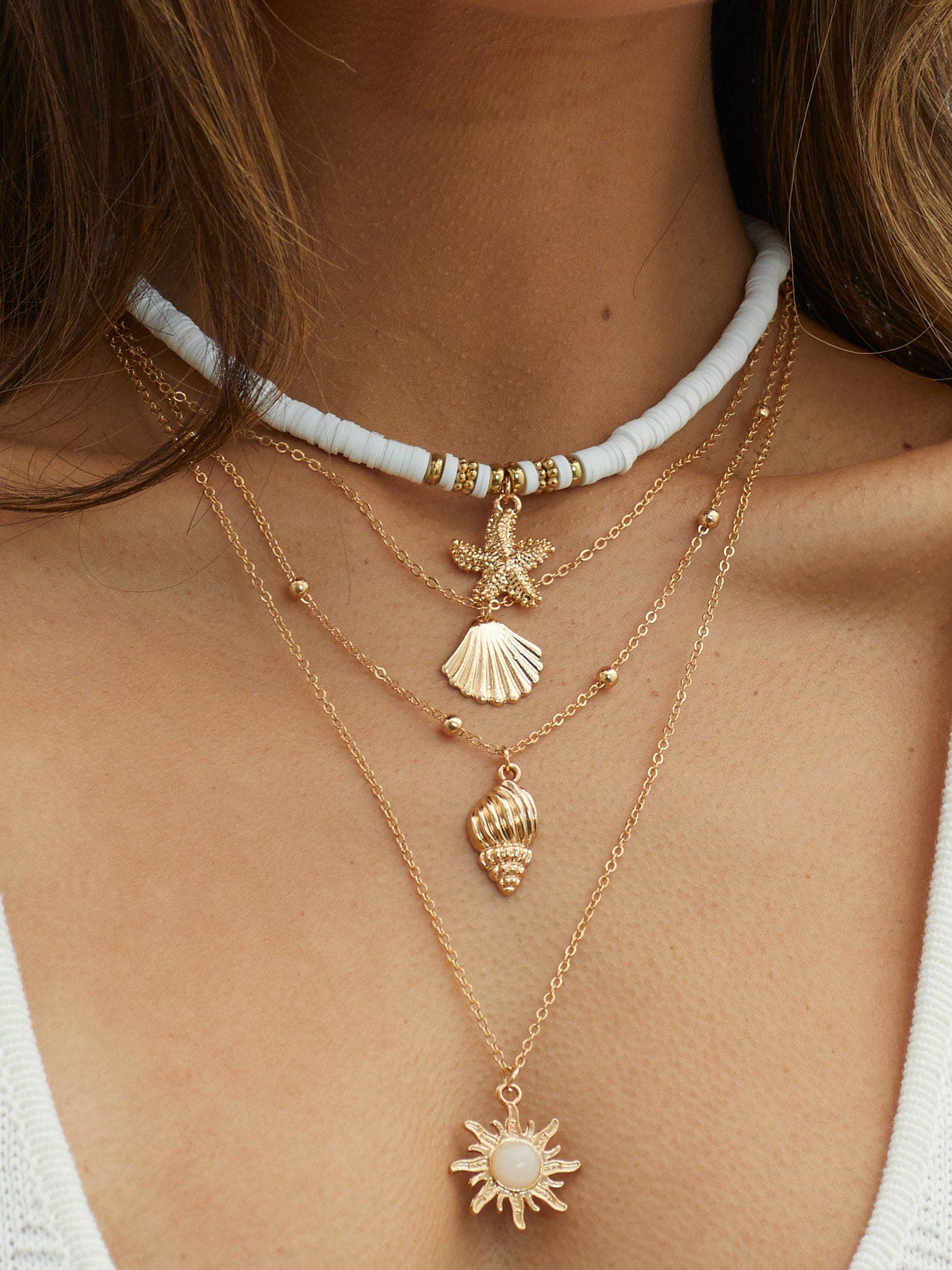 South Pacific Shell Starfish Multi-layer Necklace Gold