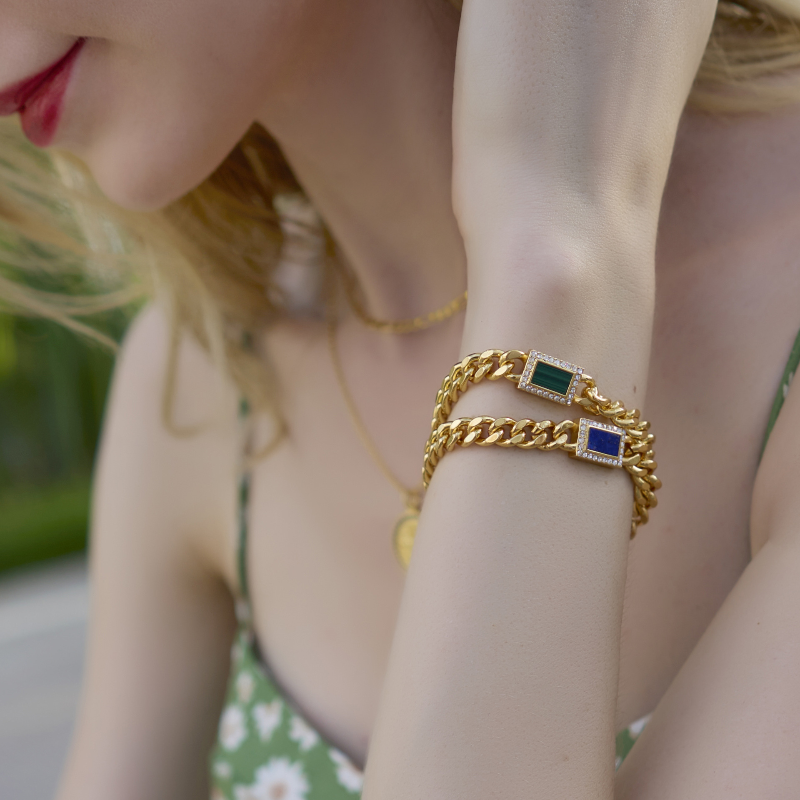 Natural Lapis & Natural Malachite Cuban Chain Bracelet