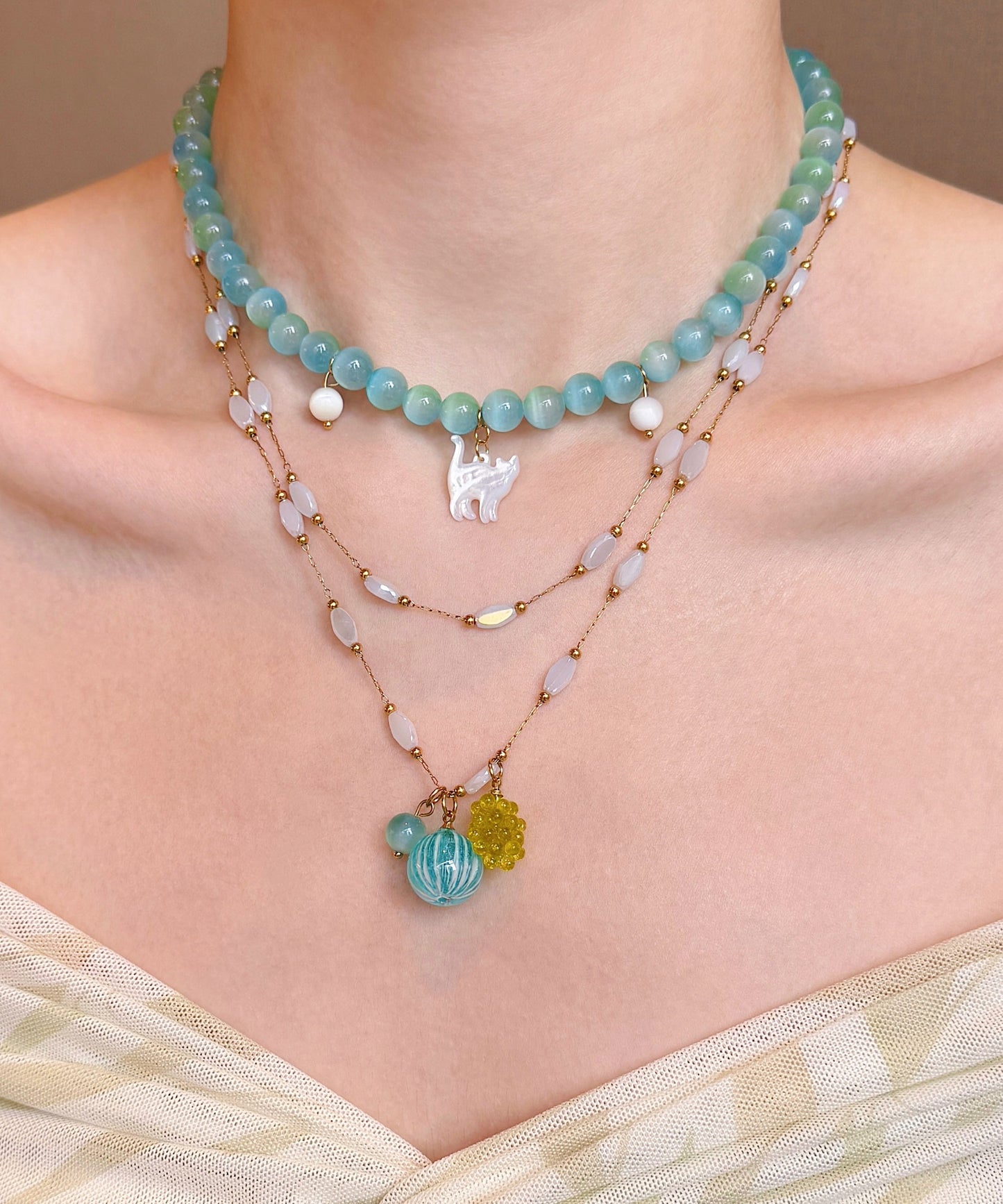 New Blue Stringing Beads Layering Alloy Two Piece Set Pendant Necklace