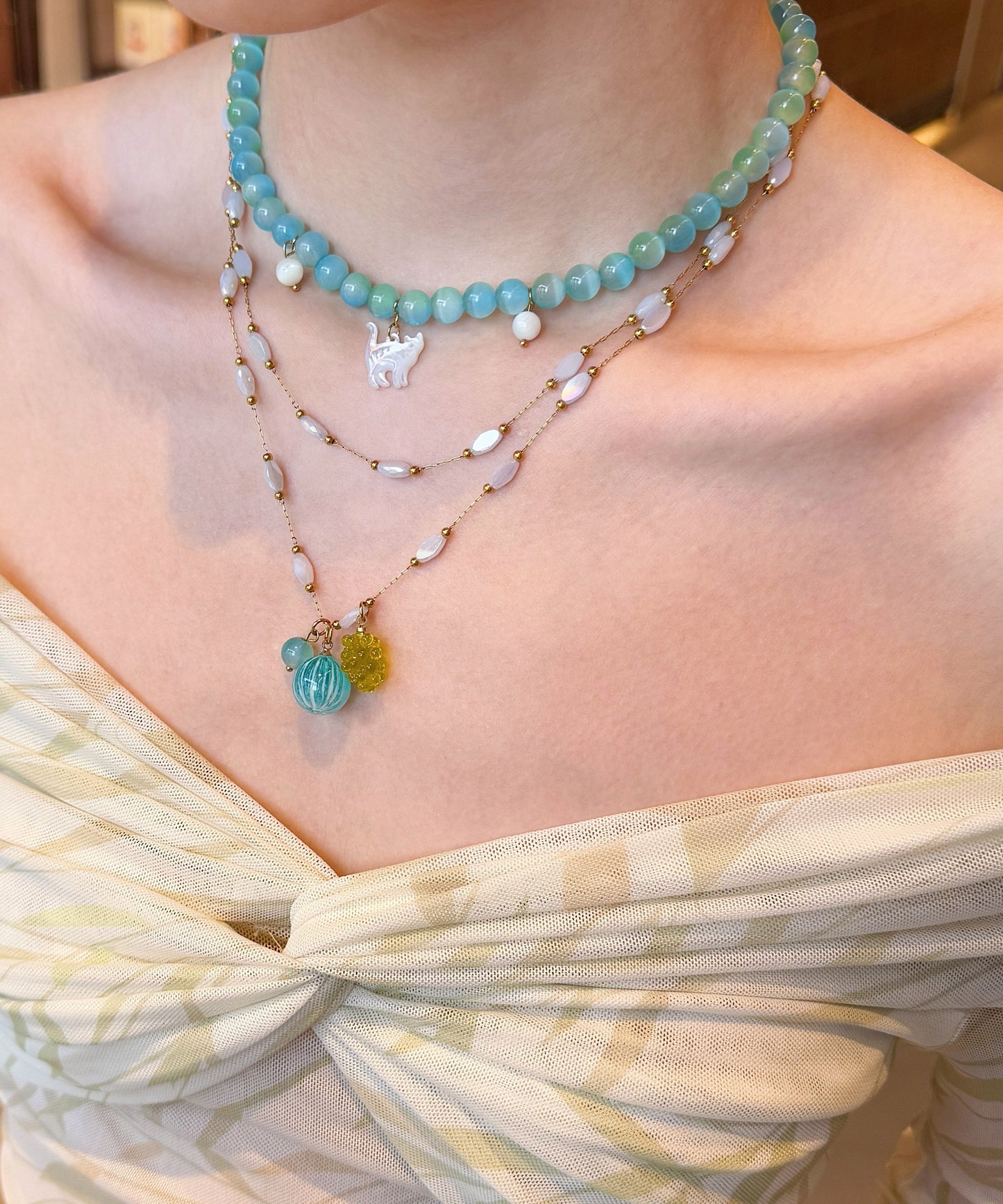 New Blue Stringing Beads Layering Alloy Two Piece Set Pendant Necklace