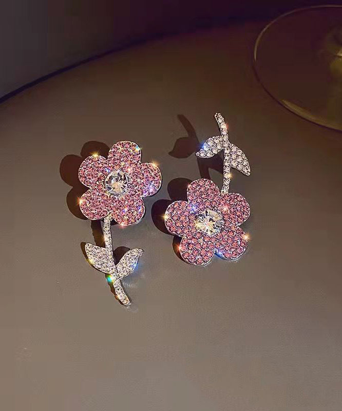 New Fashionable Pink Organza Flower Crystal Tassel Earrings Gh1068